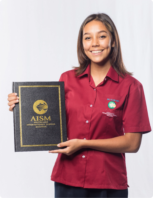 Student in a red shirt with a certificate from AISM pre-university scholarship opportunities, gives her global university entrance.